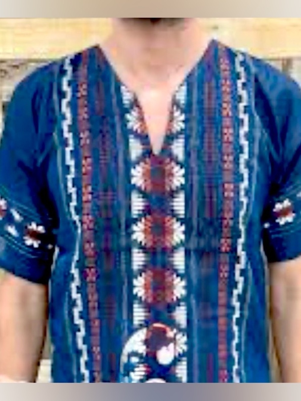Embroidered Navy Blue Men’s Shirt with Ethnic Pattern Guatemalan Boho size L